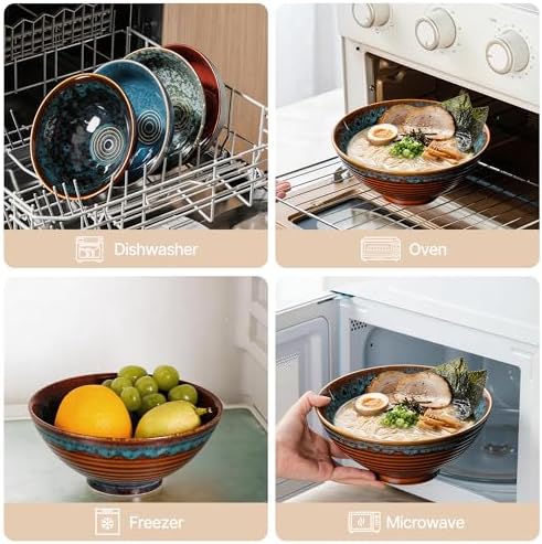 8 Inch Ceramic Ramen Bowl Set of 2, 40oz Japanese Bowls with Spoons &