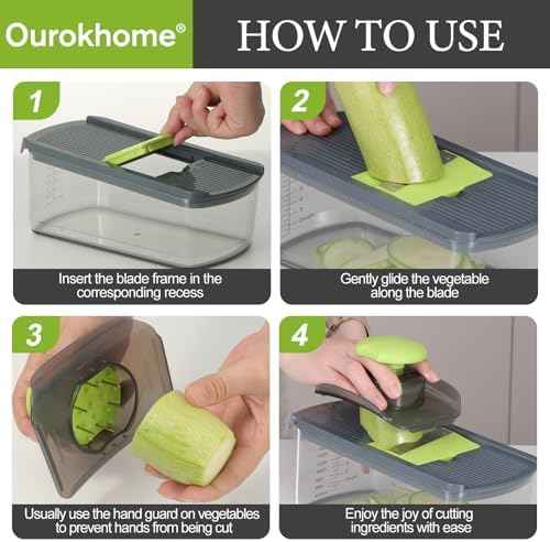 Ourokhome Mandolin Slicer for Kitchen Food, Hand Safe Vegetable Shredder with 6 Mandoline Blades, Veggie Waffle Cutter for Potato, Carrot, Zucchini, Onion, Essential Kitchen Gadgets (6 in 1, Gray)