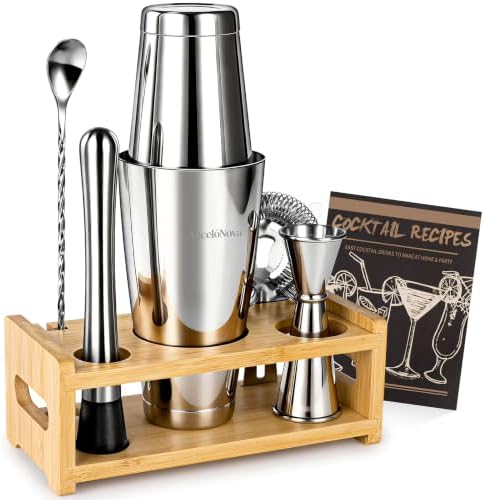Boston Cocktail Shaker Kit with Bamboo Stand, Home Bar Party Gift