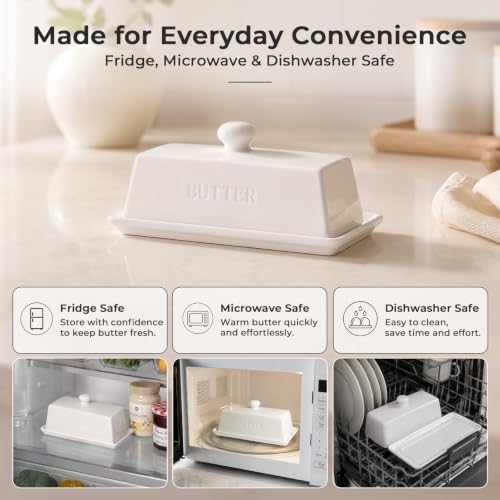 WERTIOO Butter Dish With Lid for Countertop,Butter Tray,Ceramic-White