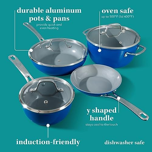 Sur La Table Kitchen Essentials 10 Piece PFA Free Titanium Ceramic Nonstick Interior Forged Aluminum Cookware Pots and Pans Set - Blue - Induction Compatible