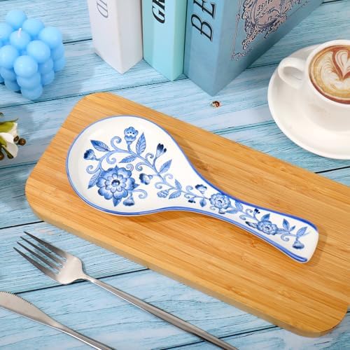 Whaline 8.9 Inch Blue Floral Spoon Rest Large Ceramic Spoon Holder