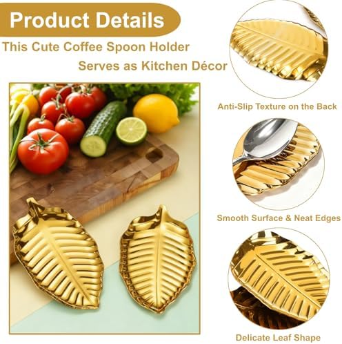 4 Pack Gold Leaf Spoon Rest, 6.7" Stainless Steel Coffee Spoon Holder