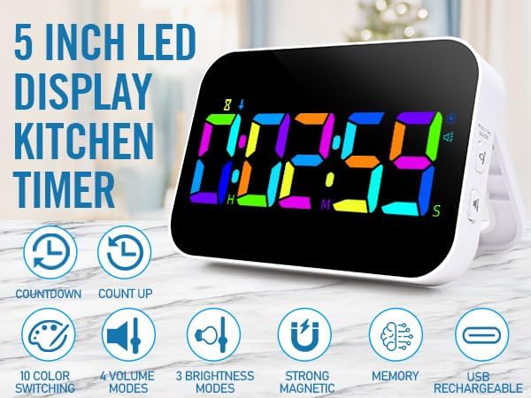 Kitchen Digital RGB Timer, Rechargeable, Vibration Mode