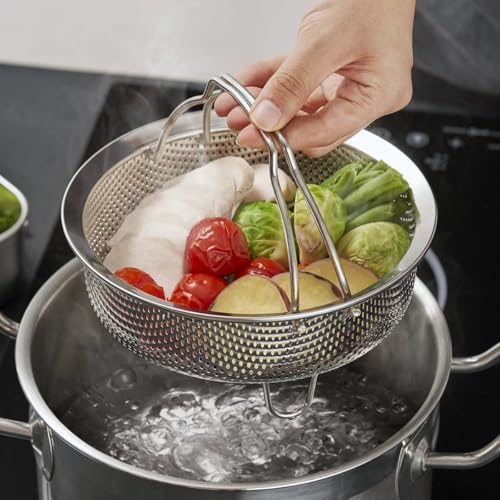 On-the-go Instant Steamer Basket with handles & Feet, Premium SUS304 Stainless Steel Construction, Multipurpose Perforated Strainer Colander Basket for Fruits & Vegetables (8.7" Diameter)