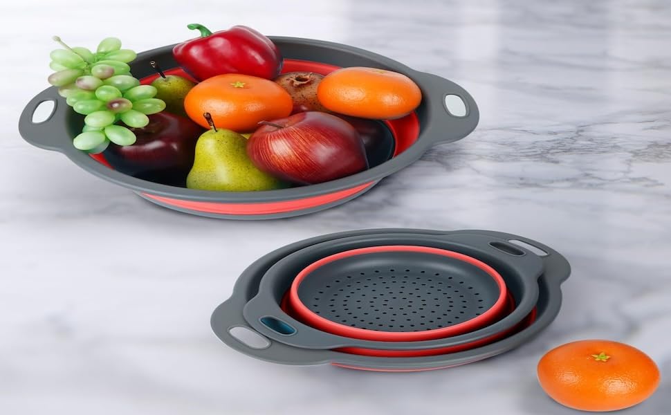 Collapsible Silicone Colander 3-Pack Set Space-Saving Foldable Kitchen