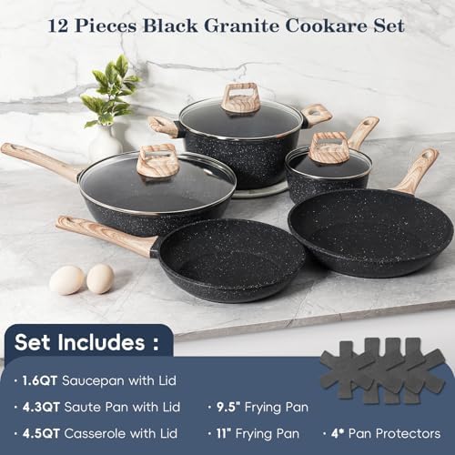 SODAY Pots and Pans Set Non Stick, 12Pcs Black Granite Induction