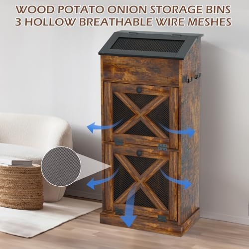 Wooden Potato and Onion Storage Bin w/Lid, Large Capacity and