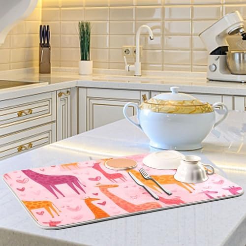OTVEE Cloud Giraffe Art Dish Drying Mat for Kitchen Counter Absorbent