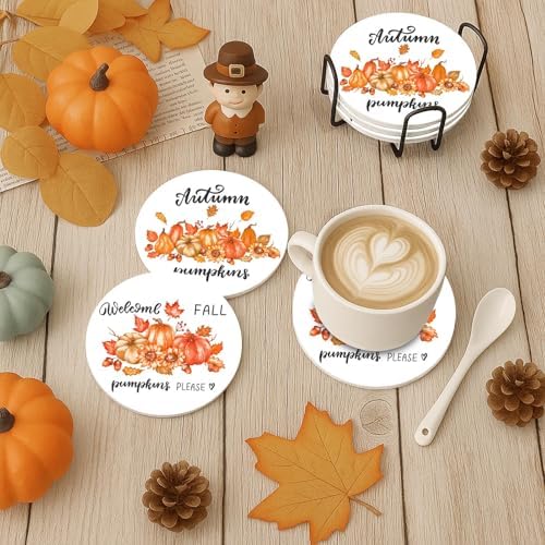 Fall Coasters for Drinks, Set of 6, Ceramic Stone Autumn