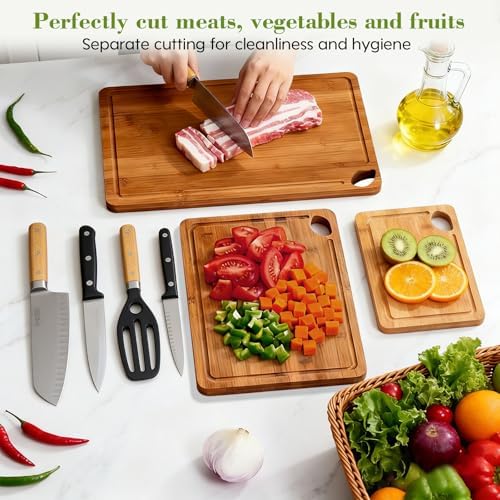 Bamboo Cutting Board 4-Piece Set,Deep-Carbonized Reversible