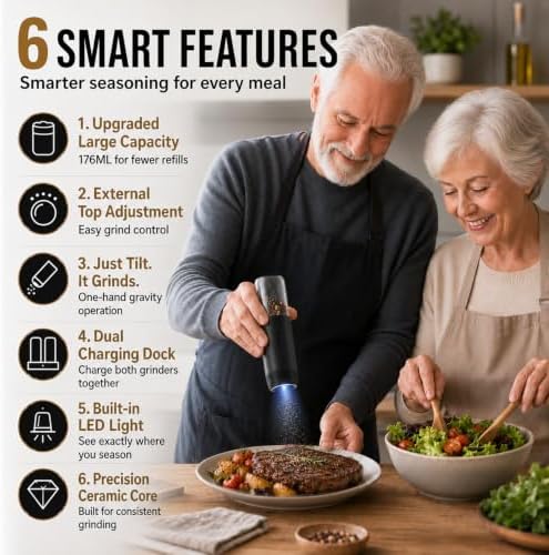 Gravity Electric Salt & Pepper Grinder Set, Matte Black, 2-Pack