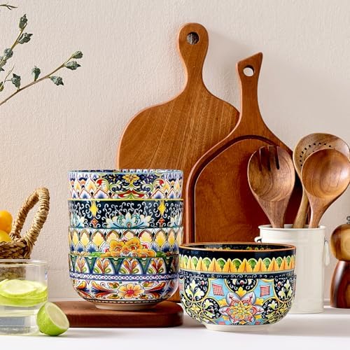 Meolibour Ceramic Cereal Bowls Set of 6, 28 oz Bohemian Soup Bowl