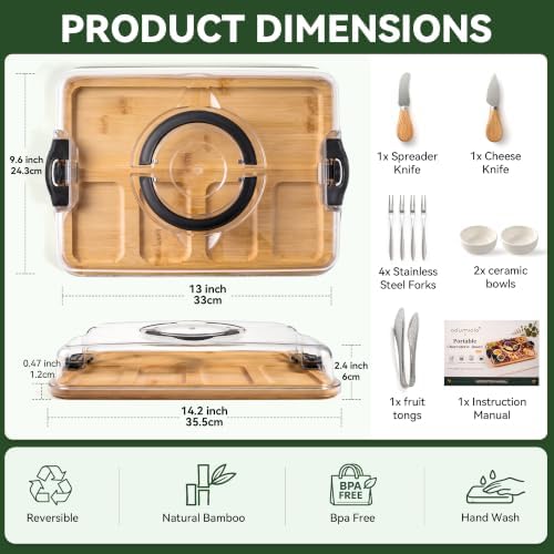Bamboo Charcuterie Board with Lid, Portable 5-Compartment Tray