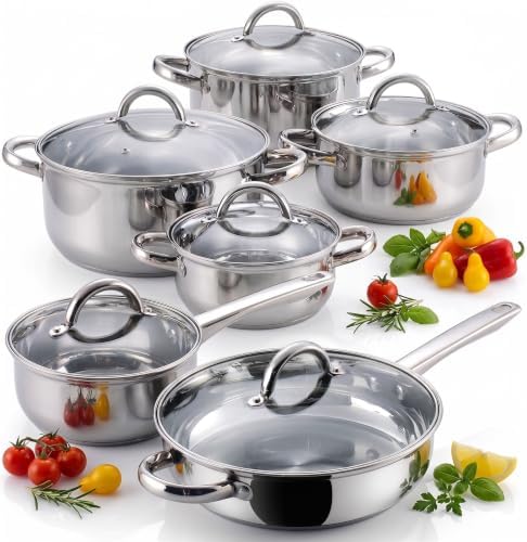 Cook N Home 12-Piece Stainless Steel Pots and Pans Kit, Silver Handle