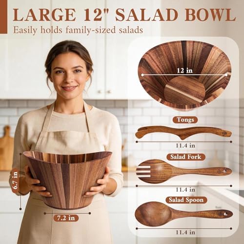 MAONAME Acacia Wood Salad Bowl Set, 12" Salad Bowls with Serving