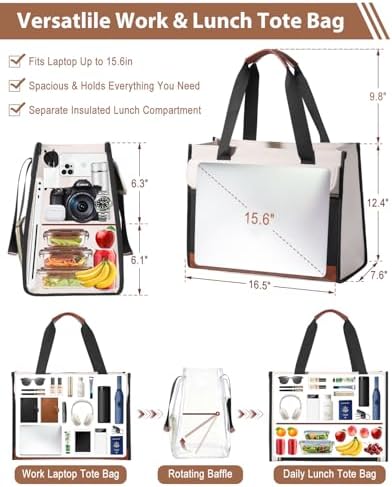 Lunch Tote Bag for Women - 15.6 Inch Laptop Work Bag with Insulated
