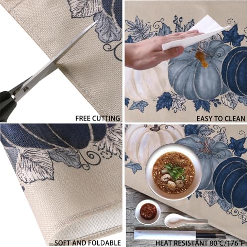 Fall Thanksgiving Placemats Set of 4 Blue Vintage Pumpkin Decorative