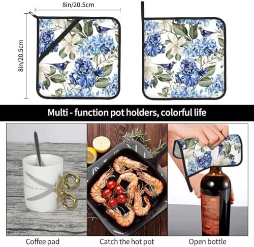 Blue Hydrangea Flower Bird Pot Holder Set, 2-Piece