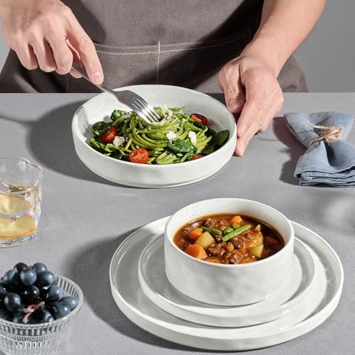 E-far Stoneware Dinnerware Set, 16-Piece White Plates and Bowls Sets