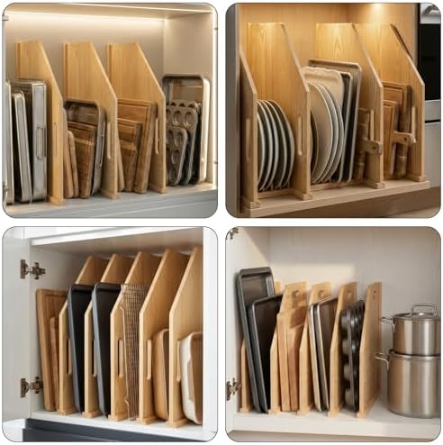 Solid Wood Tray Dividers for Cabinets, 4-Pack Baking Sheet & Cutting Board Organizer, Adjustable Cabinet Storage for Cookie Sheets, Pans and Pantry Trays