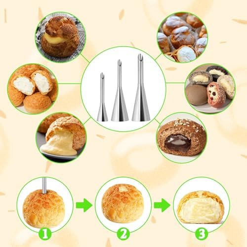 3 Pcs Puff Cream Filling Piping Tips with 50 Piping Bags and Cleaning