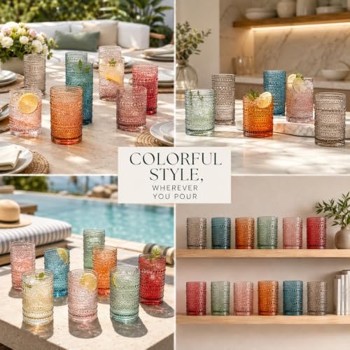Khen Hobnail Beaded Highball Drinking Tumbler Glasses | Set of 12