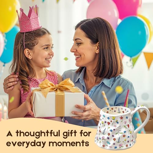 20 oz Large Coffee Mug, Cute Floral Ceramic Mug with Big Handle, White