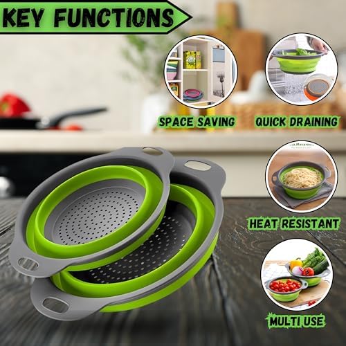 Collapsible Colander Set of 2, Foldable Silicone Pasta Strainer with