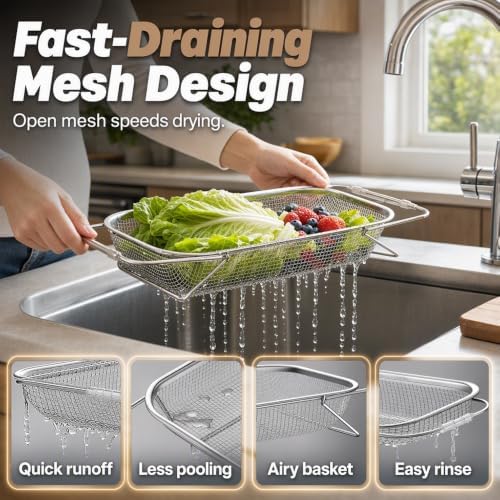 Stainless Steel Over-The-Sink Colander Strainer Basket, Expandable