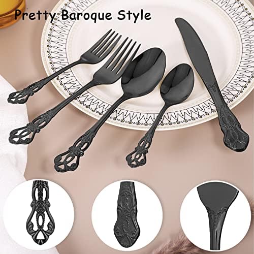 Black Silverware Set for 4, Stainless Steel Gorgeous Retro Royal