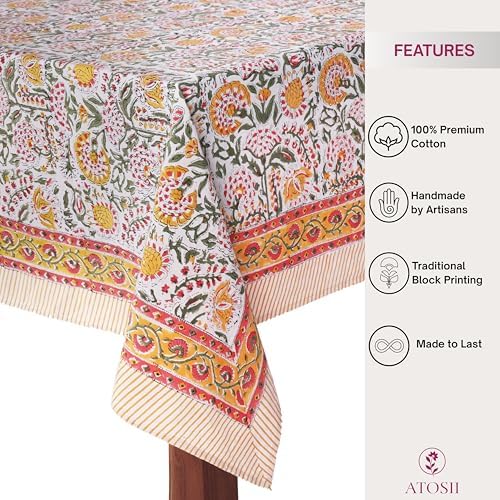 ATOSII Cotton Blockprint Rectangle Tablecloth, Clover Yellow, 90" X