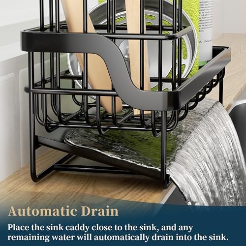 Consumest Sponge Holder for Kitchen Sink, Stainless Steel, Black