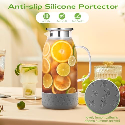 Glass Pitcher with Lid, ZBUFAN 68oz Glass Water Pitcher with Silicone