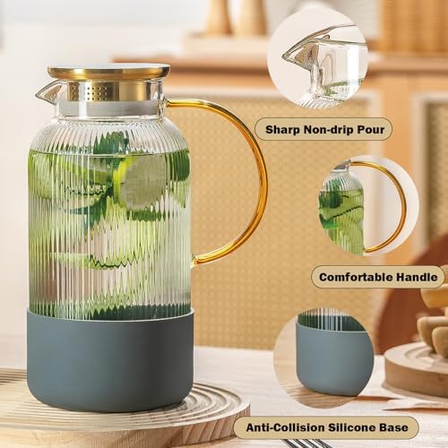 Buaic 2 PACK Glass Pitcher with Lid, 68 oz Glass Carafe with Silicone