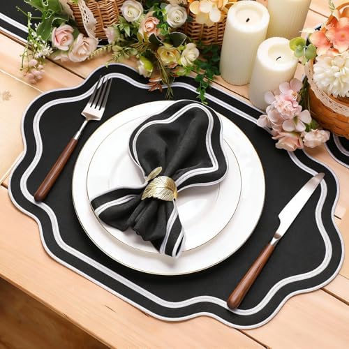 Breling 6 Pcs Cotton Placemats Cotton, Scalloped Edge Black, White