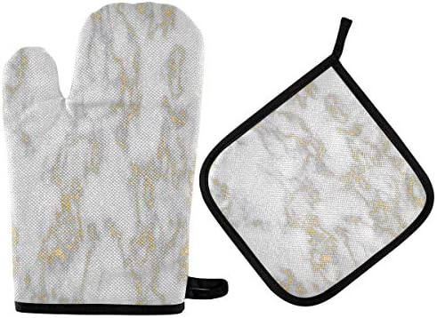 QMXO Gold Line Marble Texure Oven Mitts Quilted Cotton Lining
