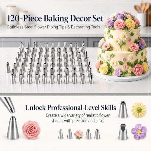 120PCs Piping Bags and Tips Set, Cake Decorating Kit for Beginner &