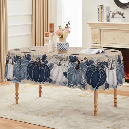 Horaldaily Fall Tablecloth 60 x 84 Inch Oval Autumn Harvest Blue