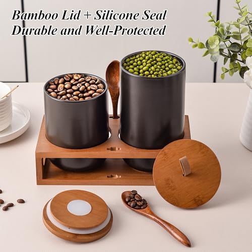 Black Ceramic Canister Set of 2 with Bamboo Lids, Wooden Stand &
