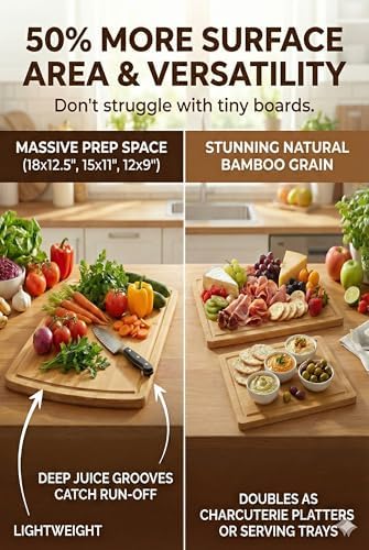 HEALTHIEST Glue-Free Surface Organic Bamboo Wood Cutting Board 3-Piece