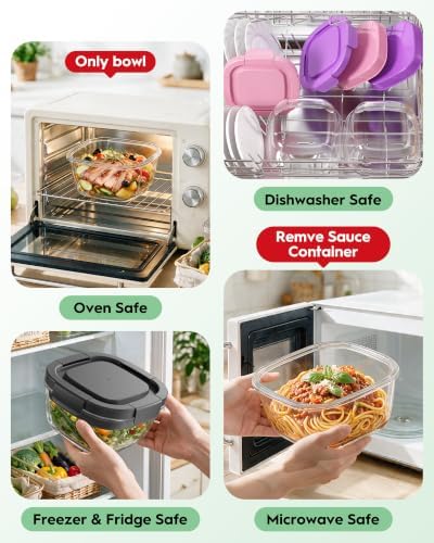 BiuLeon 2 Pack Glass Salad Lunch Container,56oz Salad Bowl To Go for