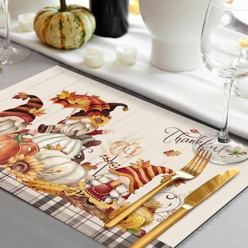 Bonhause Gnomes Pumpkins Fall Placemats Set of 4, 12x18 Inch Autumn