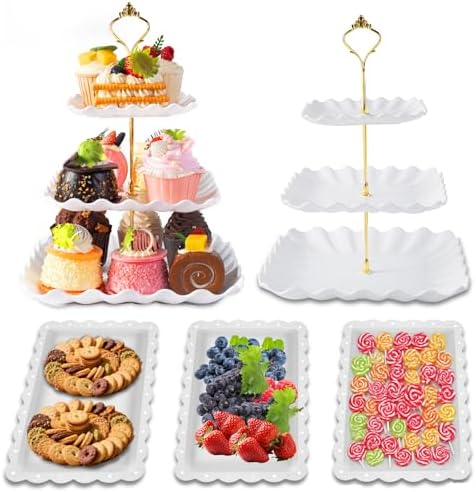 Dessert Table Display Set, 3 Tier Cupcake Stand, White Plastic, 5Pcs