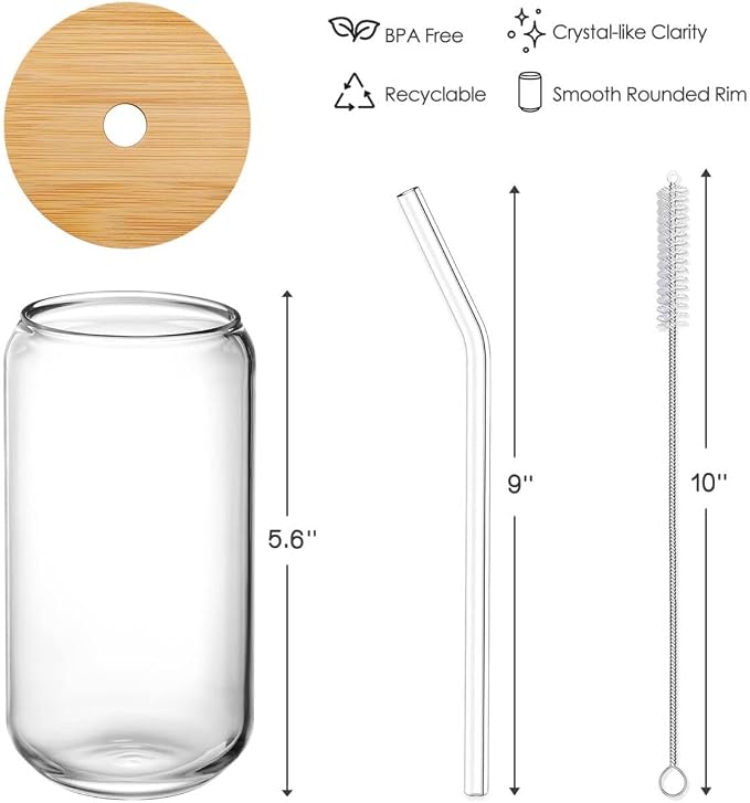 Drinking Glasses with Bamboo Lids and Glass Straw 4pcs Set - 16oz Glass Cups - Image 6