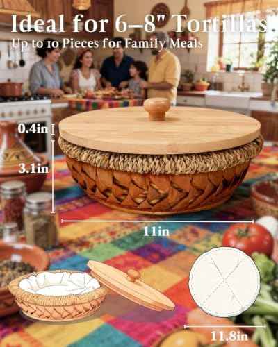 Rattan Weaving Tortilla Warmer Basket with Wooden Cover, 9.6" x 3.15"