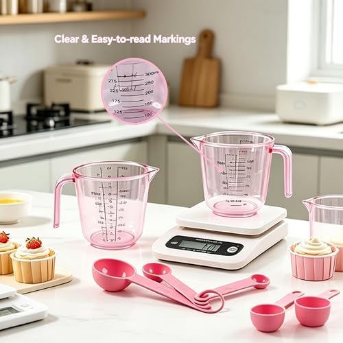 Pink Plastic Measuring Cup and Spoons Set