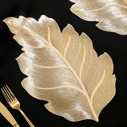 FAVE Gold Vinyl Placemats Set of 6, Washable Leaf Patterned Table Mats