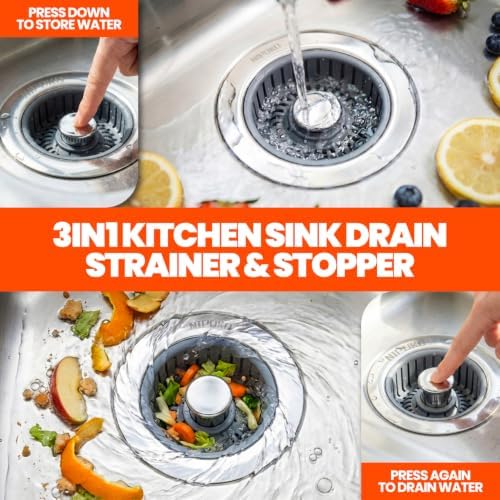 3-in-1 Kitchen Sink Drain Strainer Stopper, Silver