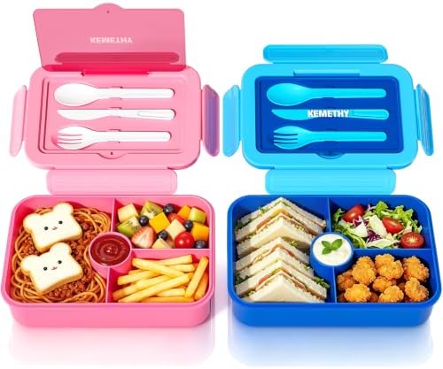 KEMETHY 2 Pack Bento Lunch Box for Kids& Adults, Leak-Proof 4